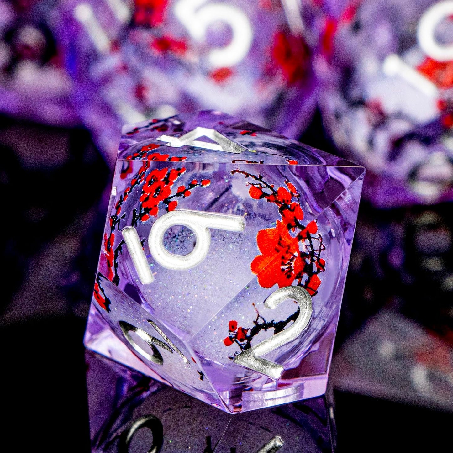 Plum Blossom DND Dice Purple Liquid Core Dice Set with Metal Box, Handmade Sharp Edge Dice D and D Polyhedral Dice for use with D&D RPG Role Playing Game