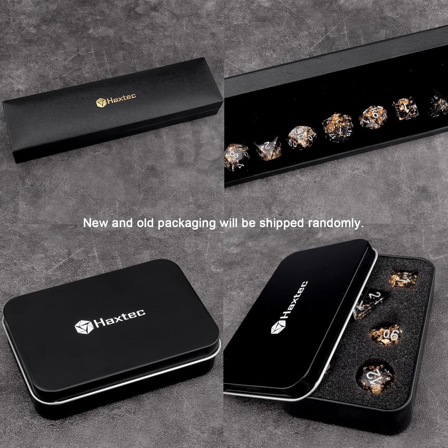 Haxtec DND Dice Set Black Sharp Edge Resin Dice Gold Flakes with Dice Case Black White Gold D&D Dice for RPG Role Playing Games Compatible with Dungeons and Dragons Gift War Series