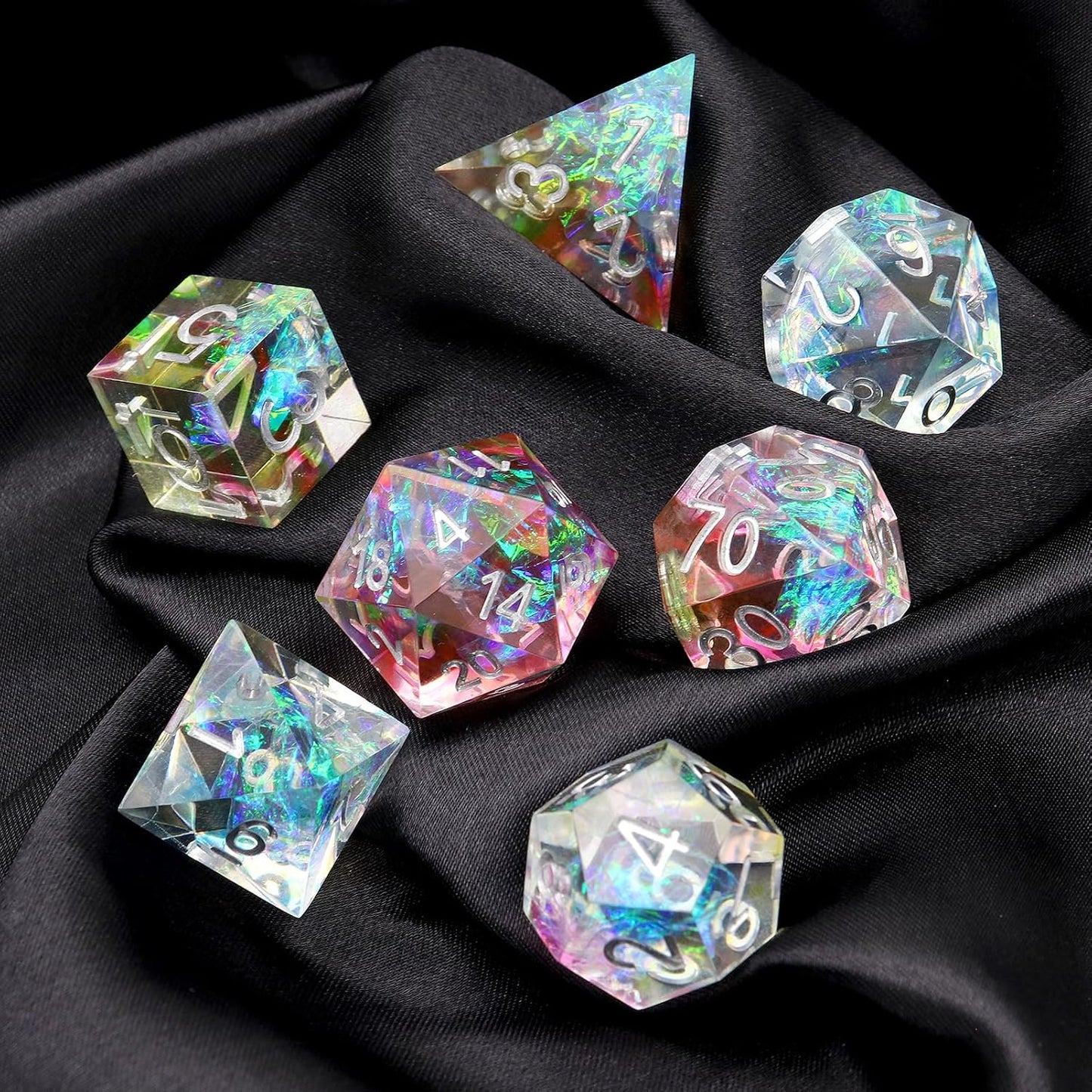 Haxtec Rainbow Sharp Edge Dice Set DND Dice with Iridescent Mylar Resin Dice Galaxy D&D Dice for RPG Role Playing Compatible with Dungeons and Dragons Gift