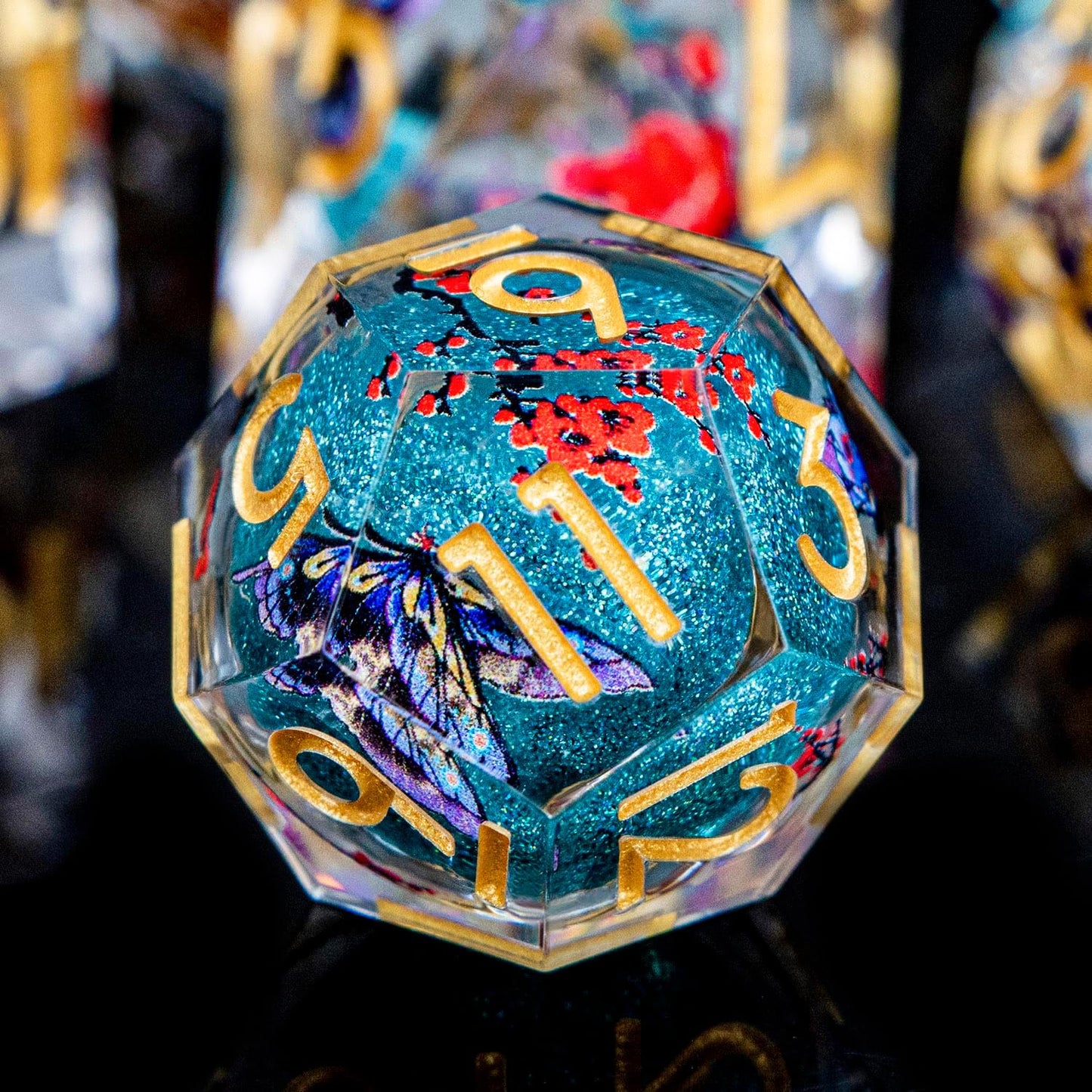 Butterfly DND Dice Blue Liquid Core Dice Set with Metal Box, Handmade Sharp Edge D and D Polyhedral Dice for use with D&D Role Playing Game, D20 D12 D10 D8 D6