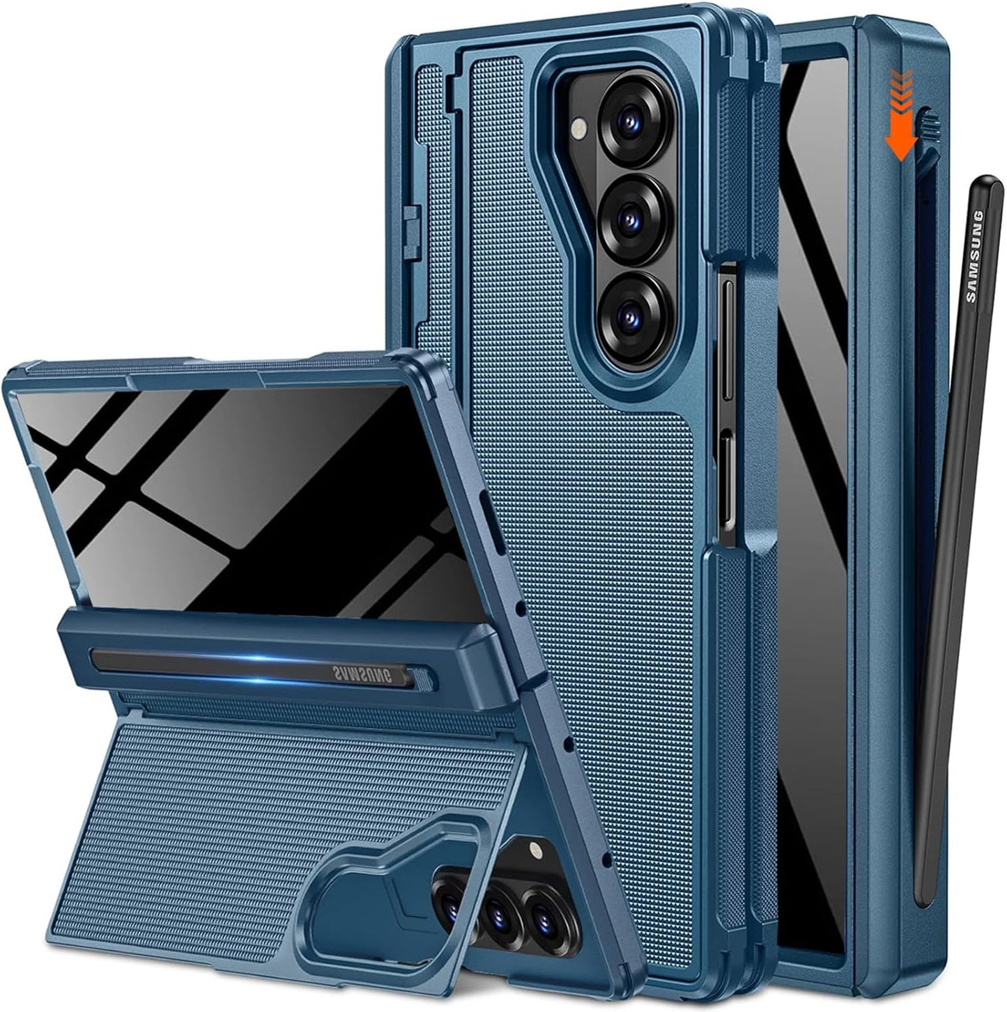 NINKI for Samsung Galaxy Z Fold 6 Case with S Pen Holder & Invisible Kickstand,Built in Privacy Screen Protector and Hinge,Shockproof Phone Cover for Samsung Z Fold 6 Case with Slim S Pen Slot – Blue