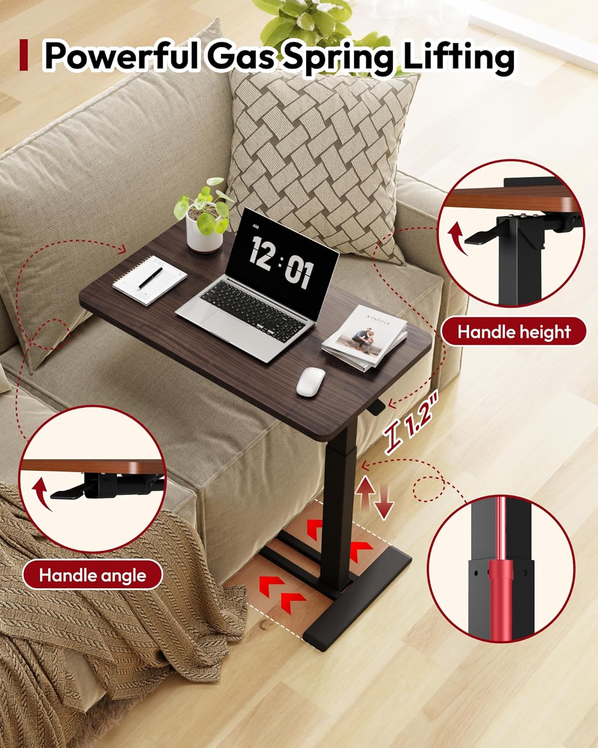 SANODESK Medical Adjustable Overbed Bedside Table with Casters 90° Tilt Top Pneumatic Mobile Rolling Laptop Computer Standing Desk Cart with Tray, Hospital and Home Use(31.5" W x 17.7" D,Rustic Brown)