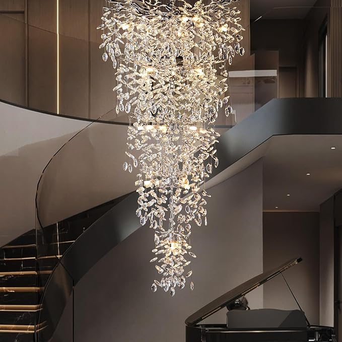 H63" Long Crystal Chandelier for High Ceiling, 28-Light Modern Silver Tree Branch Chandelier, Large Chandeliers for Staircase, Foyer, Entryway, Living Room, 5-Tier Luxury K9 Raindrop Light Fixture