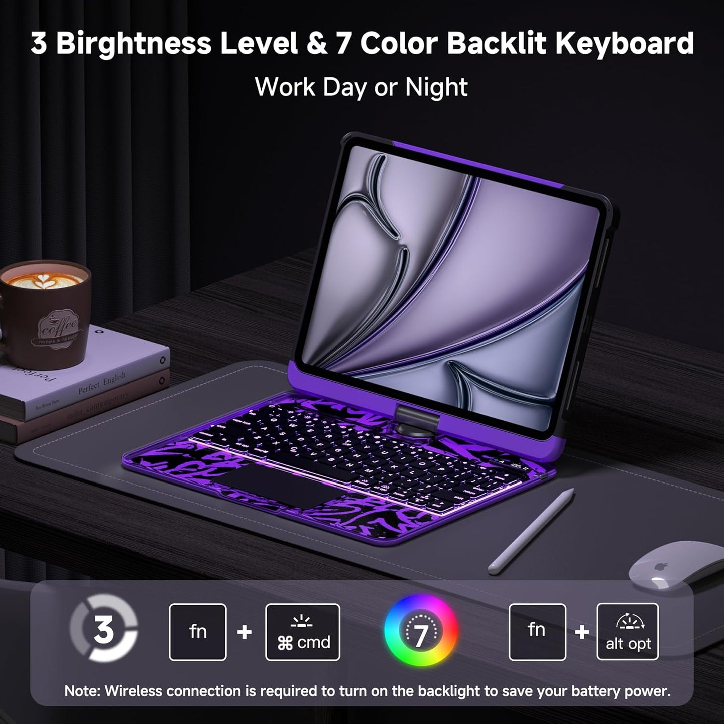 iPad Keyboard Case for 2024 M4 iPad Pro 11 inch, Magic Wireless Keyboard with Trackpad 7 Color Backlit, 360° Rotating Stand Transparent Protective Cover with Pencil Holder (Purple)