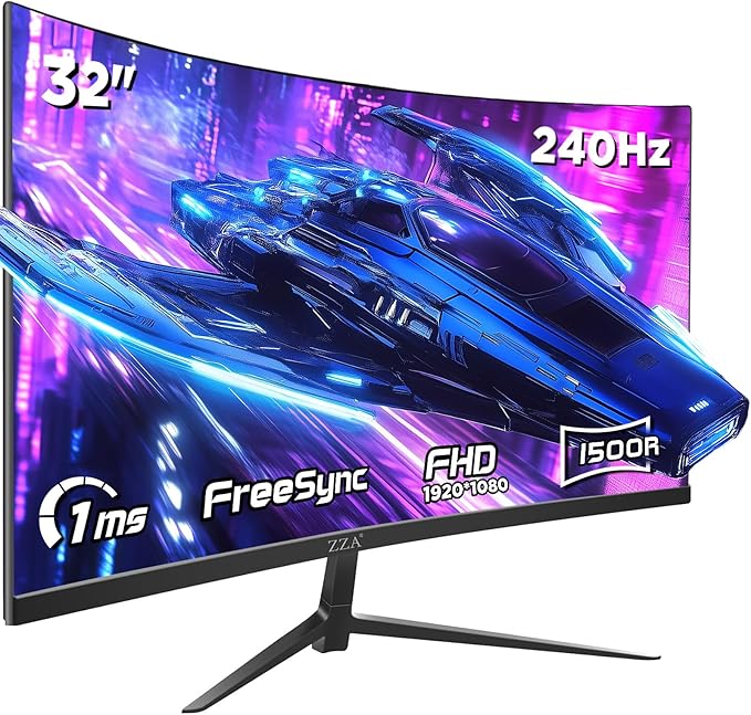 ZZA 32 Inch Curved Gaming Monitor, 240Hz High Refresh Rate, FHD 1920x1080P, Curved 1500R, HDMI 2.0/DP1.4, 1ms MPRT, HDR, FreeSync, VESA Compatible, Tilt Adjustable