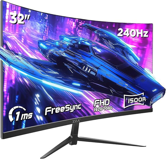ZZA 32 Inch Curved Gaming Monitor, 240Hz High Refresh Rate, FHD 1920x1080P, Curved 1500R, HDMI 2.0/DP1.4, 1ms MPRT, HDR, FreeSync, VESA Compatible, Tilt Adjustable