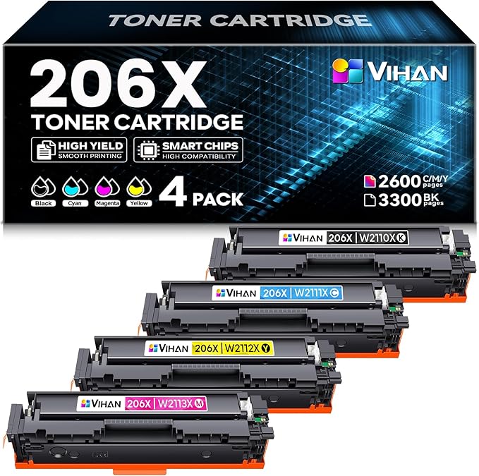 Vihan 206X Toner Cartridges High Yield 4 Pack with Chip Replacement for HP 206X Toner Cartridges Set Compatible with Color Pro MFP M283fdw M283cdw Pro M255dw M255 Printer (Black Cyan Yellow Magenta)
