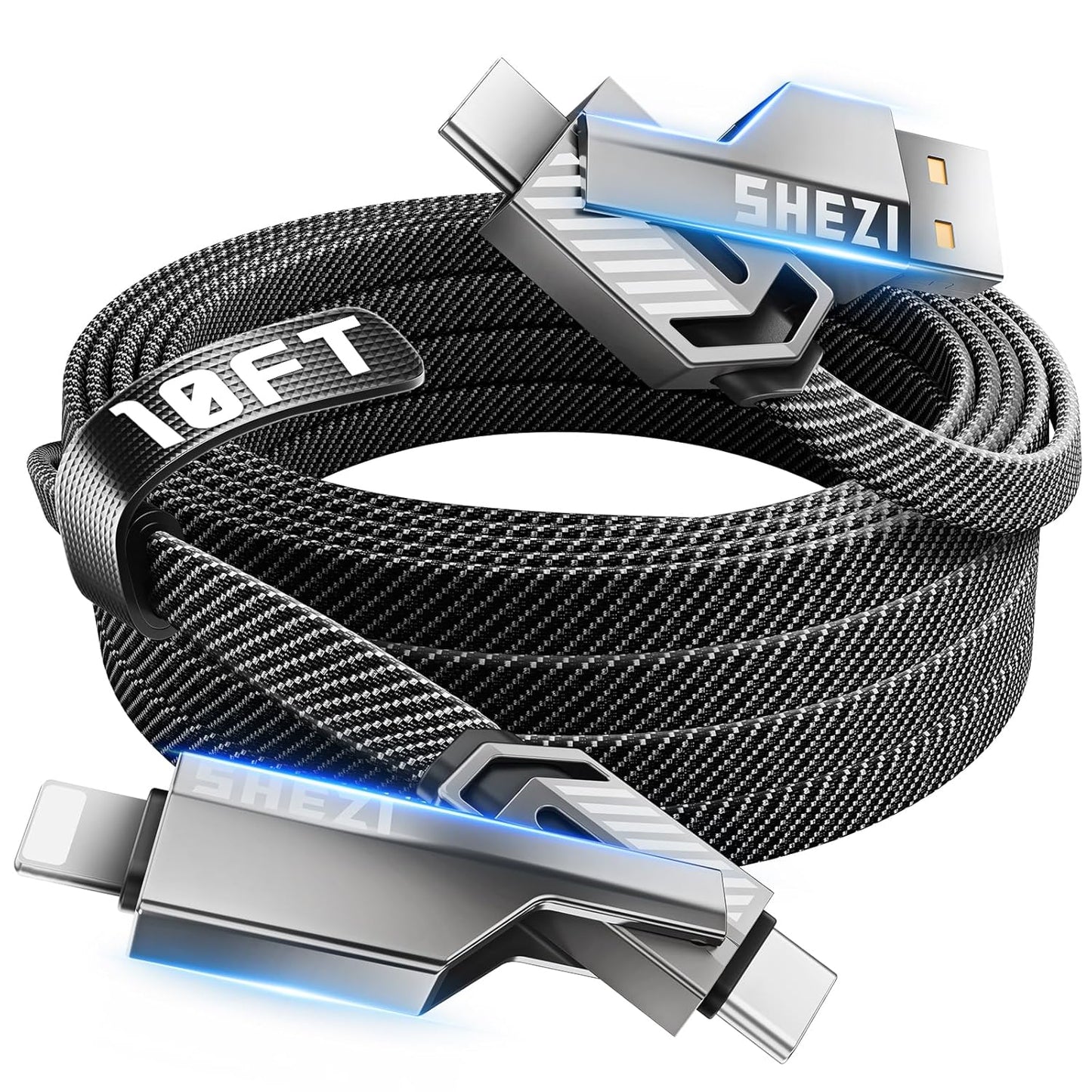 SHEZI [Upgraded 2.0] 4-in-1 Long USB C Cable 60W 10FT Fast Charging [480Mbps Data Transfer] Flat Braided Multi Charger Cord Wire Combo with L/USB C/A Port for iPhone/iPad & All Devices, Grey