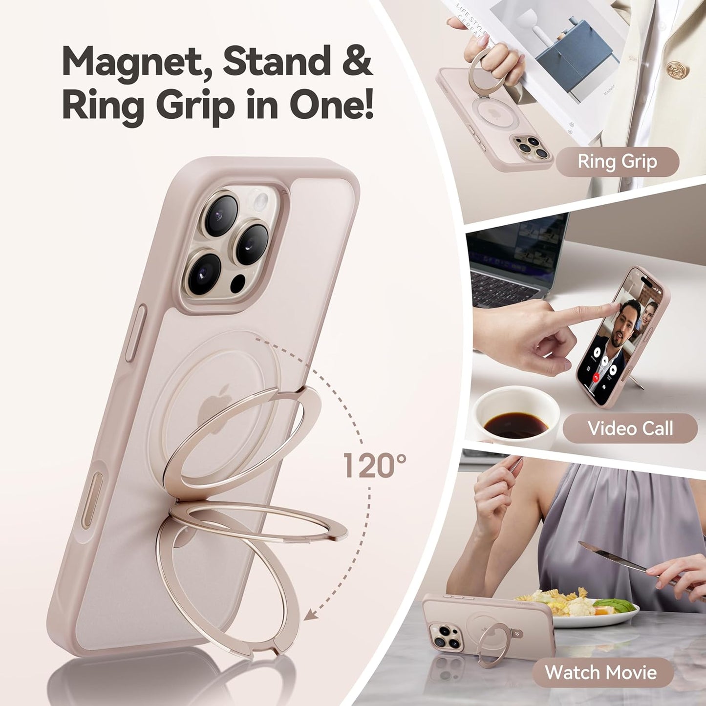 CASEKOO Designed for iPhone 16 Pro Case with Magnetic Invisible Stand [Military Drop Protection] [Compatible with MagSafe] Shockproof Slim Matte Translucent Case 6.3 Inch, Desert Gold