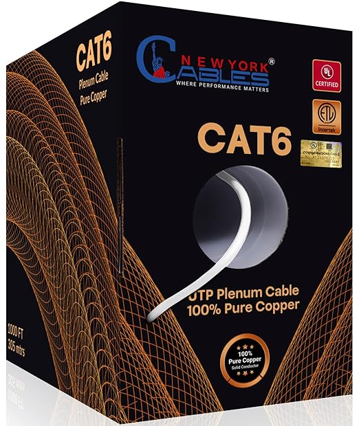 NewYork Cables | CAT6 Plenum Cable 1000ft UL/ETL Listed, 100% Pure Copper, UTP, 550MHz, 23AWG, 4Pair 10GB Ethernet Cable | Certified CMP-Rated Fire-Resistant (1000ft, Pure Copper UL Listed, White)