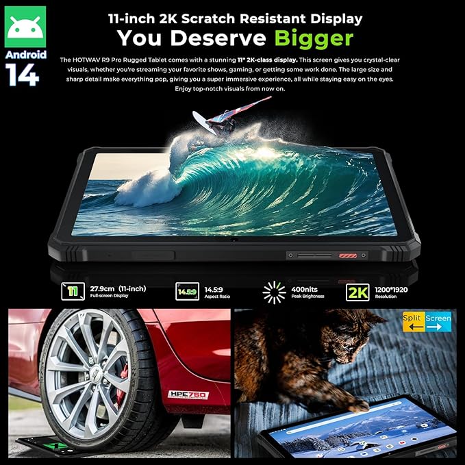 HOTWAV R9 Pro 2025 Rugged Tablet 2K 11-Inch Android 14 Tablets, 20080mAh Waterproof Tablet 20GB+256GB/2TB TF Outdoor Tablets 64MP+16MP IP68IP69K/4G Dual SIM/WiFi 5/Face ID/GPS/OTG/Camping Lanten
