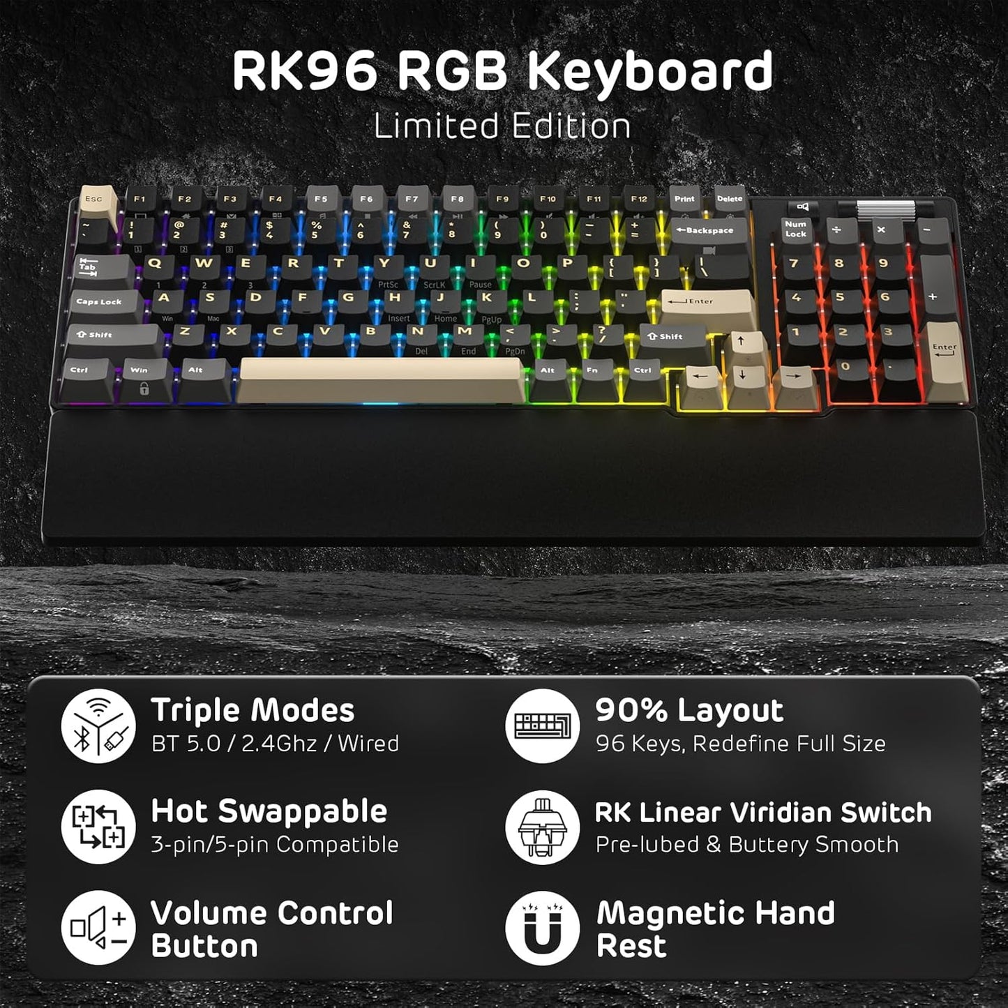 RK ROYAL KLUDGE RK96 RGB Limited Ed, 90% 96 Keys Wireless 3-Mode BT5.0/2.4G/USB-C Hot Swappable Mechanical Keyboard w/Wrist Rest, Volume Control, Software, Massive Battery, RK Viridian Switch