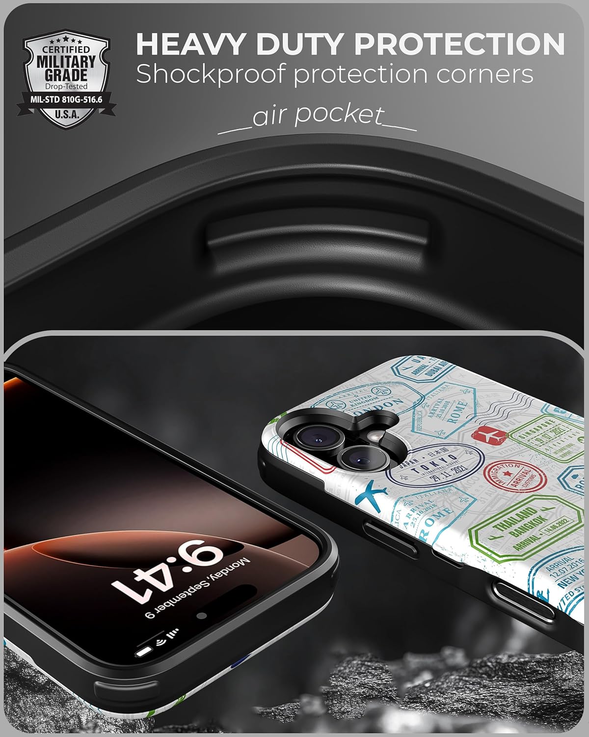 TORU CX Slim for iPhone 16 Case Wallet | Protective Shockproof Heavy Duty Cover with Hidden Card Holder & Card Slot | Mirror & Wrist Strap Included - Travel Stamps