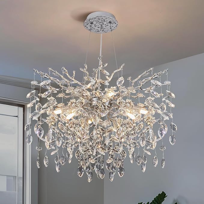 Modern Crystal Chandelier, 23.6" Silver Tree Branch Chandelier, 8-Lights Round Contemporary Luxury Raindrop K9 Crystal Pendant Light Fixture for Dining Room Living Room Foyer Entryway Bedroom Kitchen