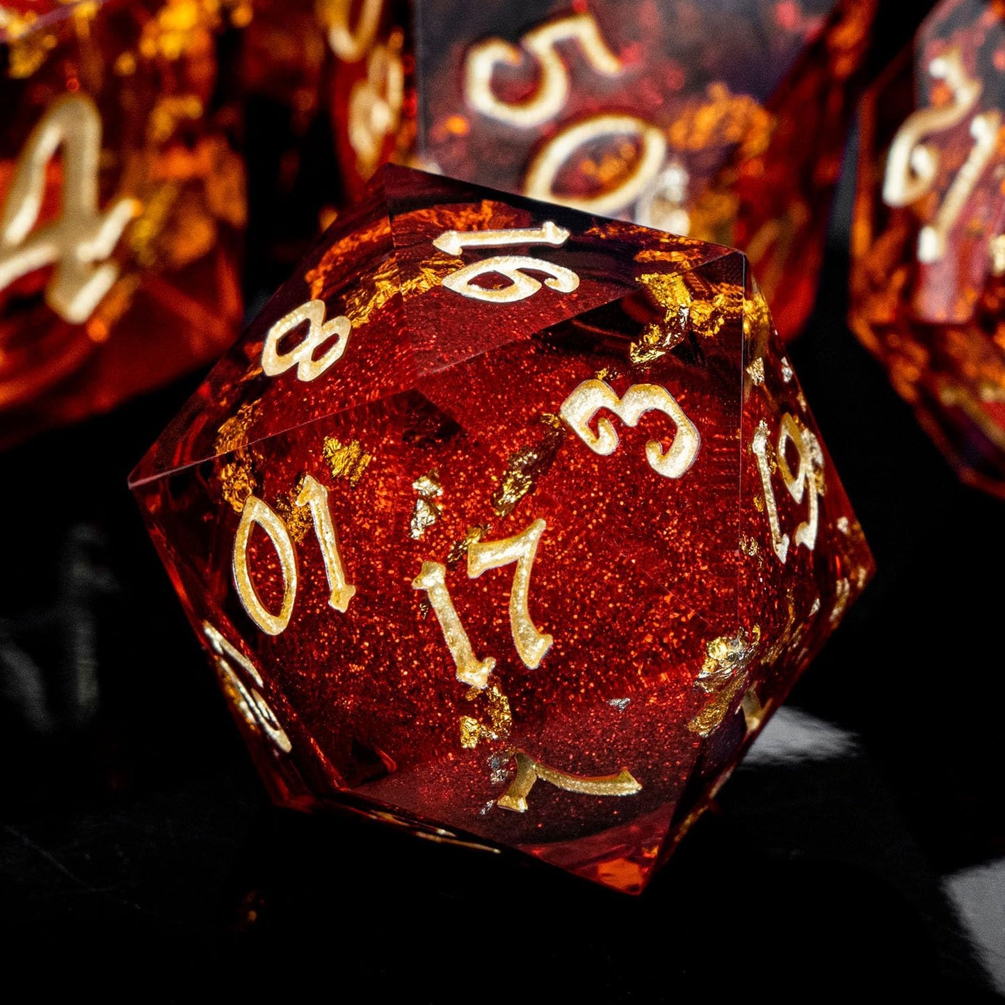 ARUOHHA Liquid Core DND Dice Set, 7pcs Resin Sharp Edged Dragons Dice Compatible with D&D Role Playing Games, RPG Golden Numbers Red Dungeons Polyhedral Dice with Gift Box, D and D Dice Set D20 D10 D6
