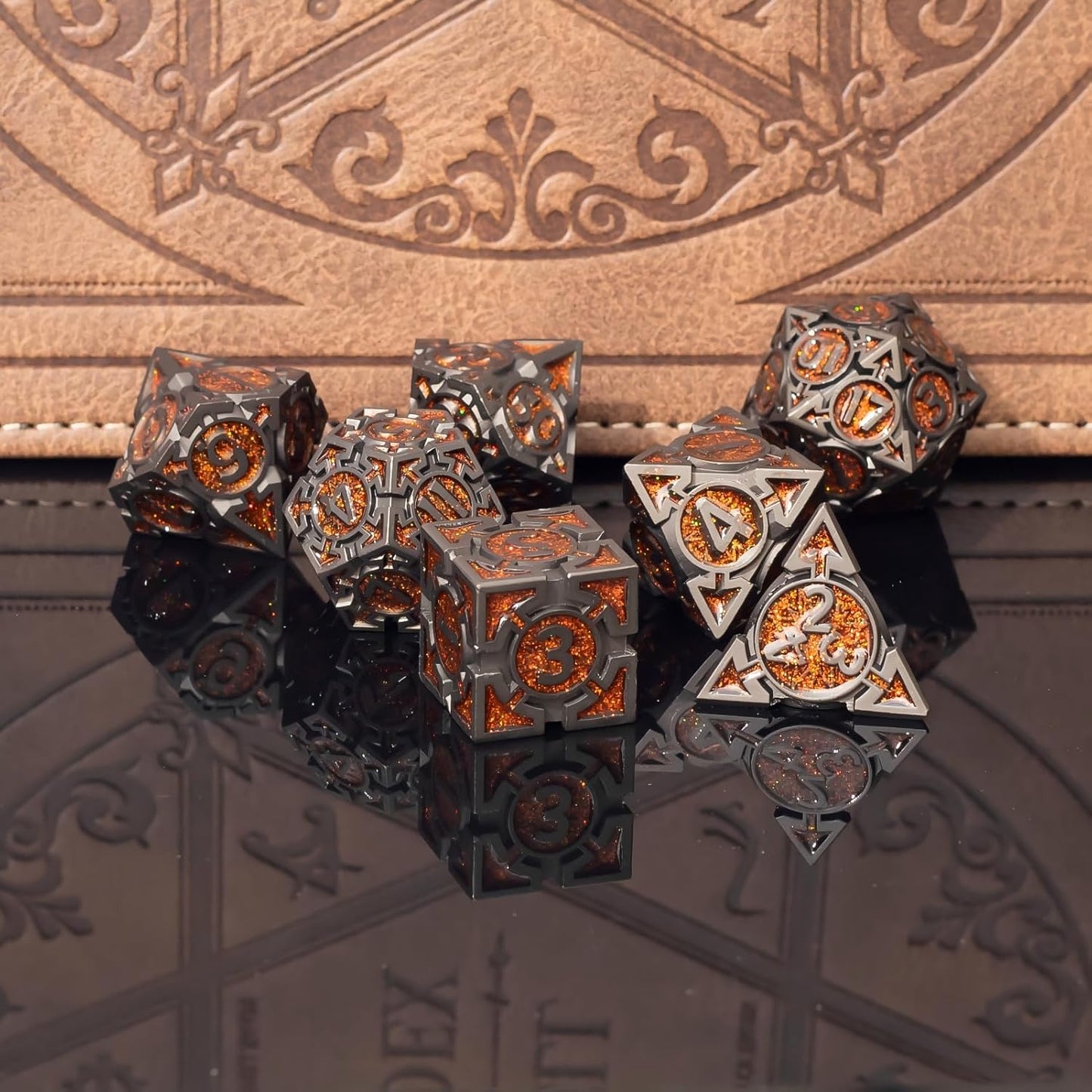 Orange Black Nickel Finish Heavy Metal DND Dice Set (Bard) with A Metal Box, Sharp Edge Zinc Alloy D&D Accessories, D4-D20, Designed for Dungeons & Dragons Master, RPG Player, Starter