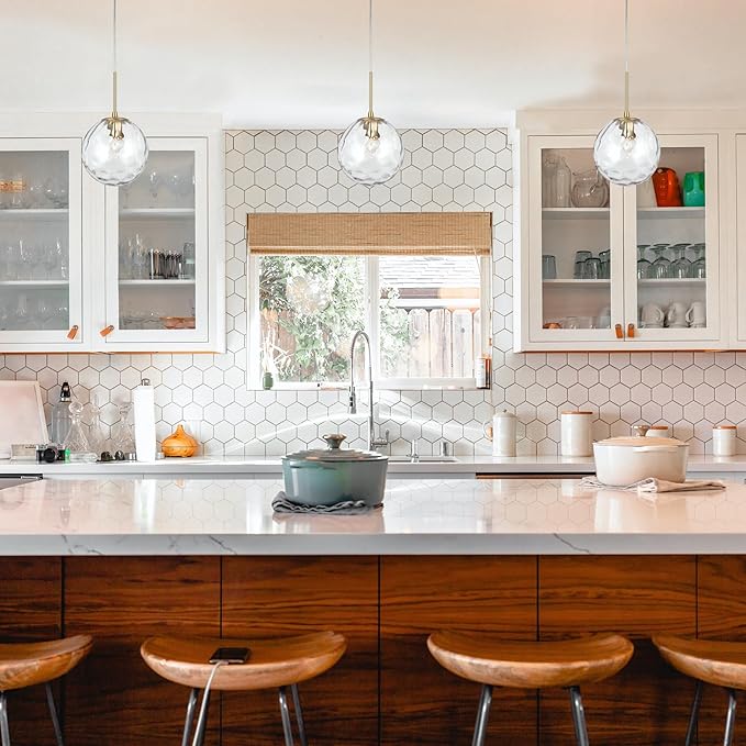ALICE HOUSE 2 Packed 8-inch Modern Kitchen Island Pendant Lights, Hammered Glass, Gold Farmhouse Pendant Lighting, Brushed Brass Hanging Light Fixtures for Bathoom, Entryway and Hallway AL4201-P2