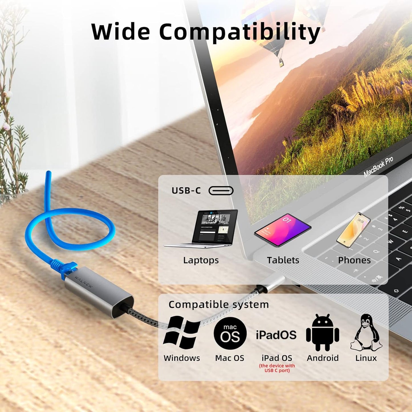 USB-C to Ethernet Adapter, WALNEW USBC to RJ45 LAN Adapter, Gigabit Cat Network Cable Converter to Type C Thunderbolt 3 for Mac,MacBook Pro/Air,Samsung Galaxy Tab (Ethernet Port, 2-Pack USB-C)