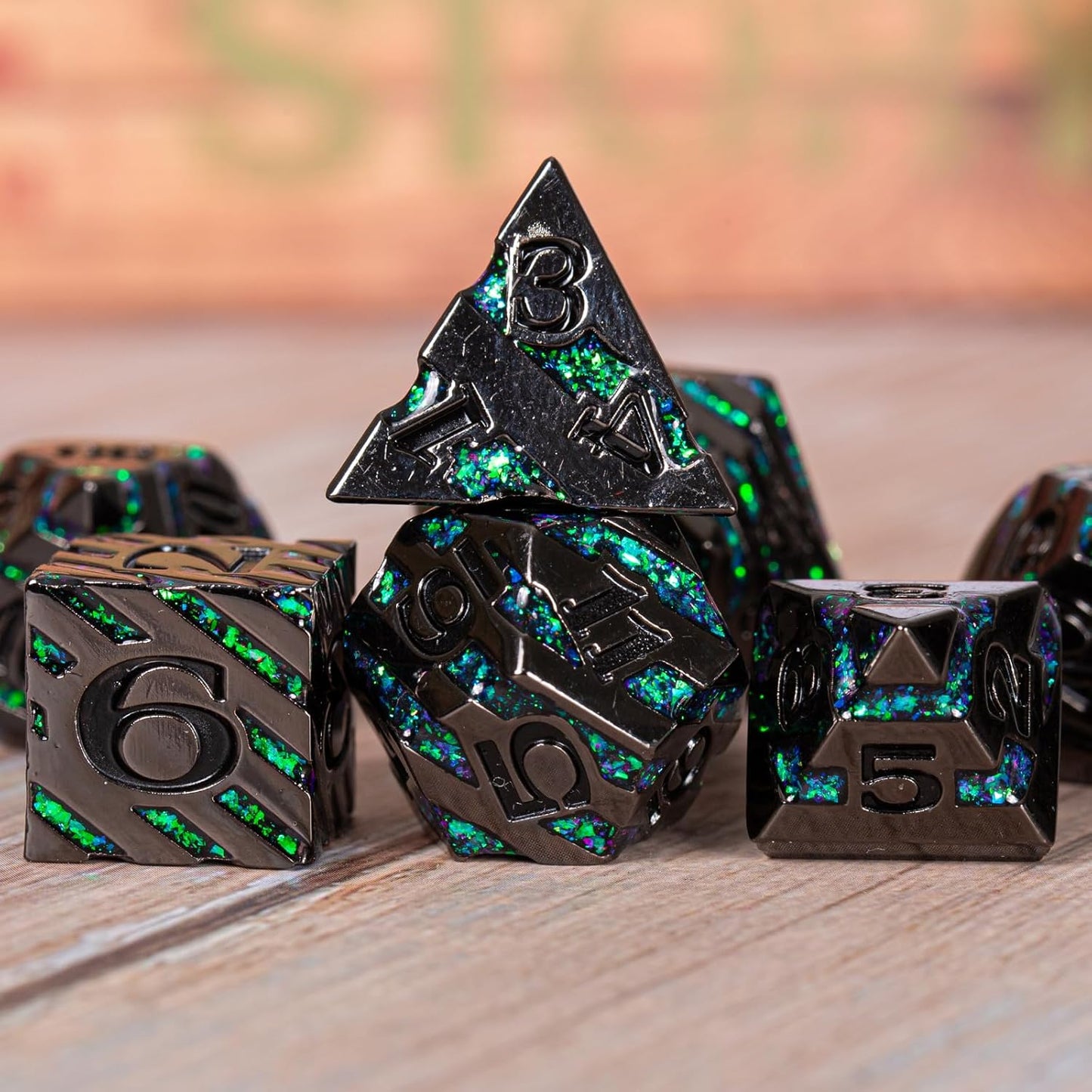 Metal Stripe Dice,Solid Metallic Glitter Stripes DND Dice with Gift Metal Box for Dungeons and Dragons Tabletop Game (Black Nickel Dark Green)