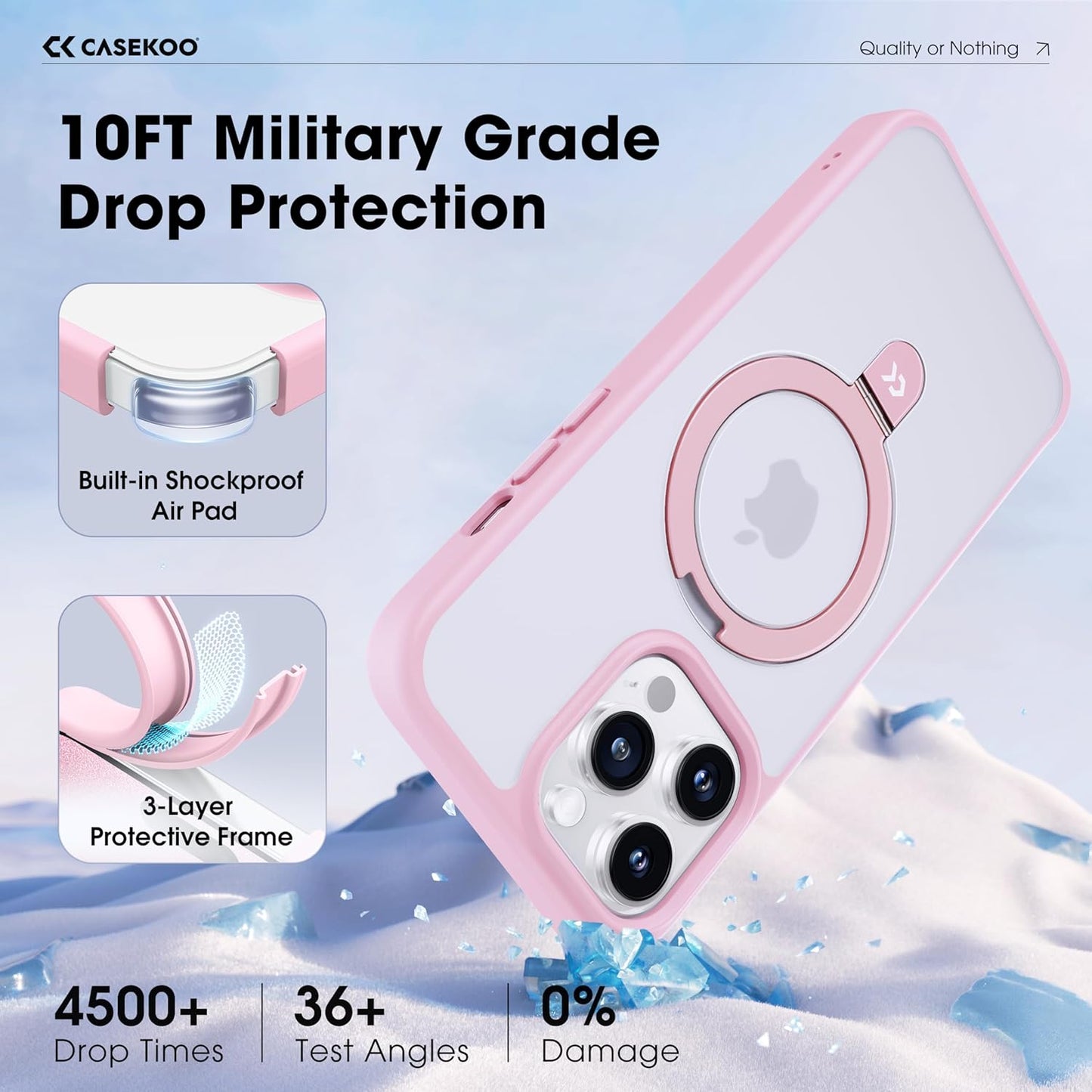 CASEKOO Designed for iPhone 16 Pro Case with Magnetic Invisible Stand [Military Drop Protection] [Compatible with MagSafe] Shockproof Translucent Matte Slim Phone Cover 6.1", Pink