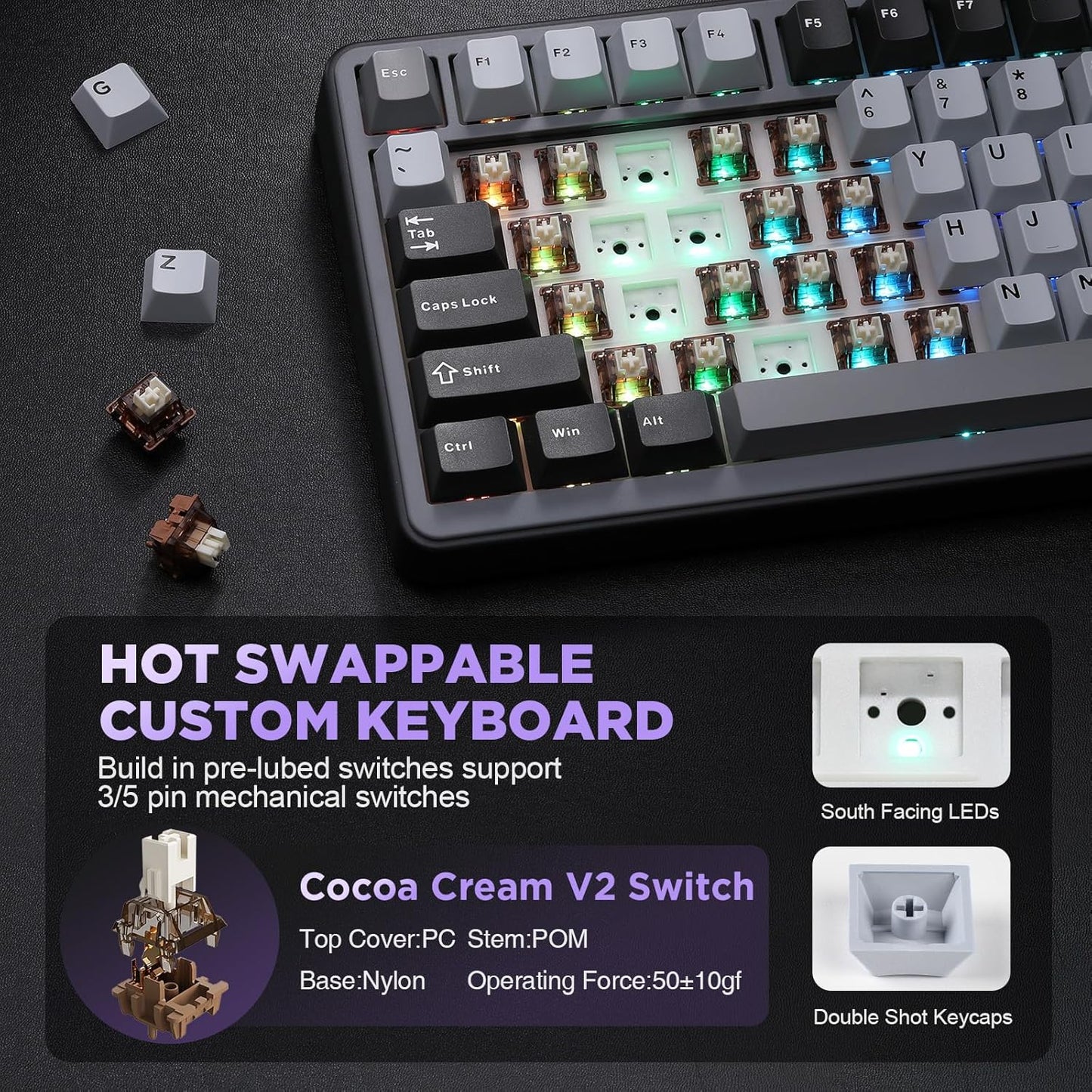 YUNZII B75 Mechanical Keyboard,75% Layout with Knob,Hot Swappable RGB Backlit Gasket Mounted, Creamy Typing, Double-Shot PBT Keycaps,Cherry Profile,for Win/Mac (Dark Grey, Cocoa Cream V2 Switch)