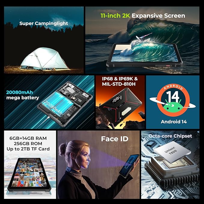 HOTWAV R9 Pro 2025 Rugged Tablet 2K 11-Inch Android 14 Tablets, 20080mAh Waterproof Tablet 20GB+256GB/2TB TF Outdoor Tablets 64MP+16MP IP68IP69K/4G Dual SIM/WiFi 5/Face ID/GPS/OTG/Camping Lanten