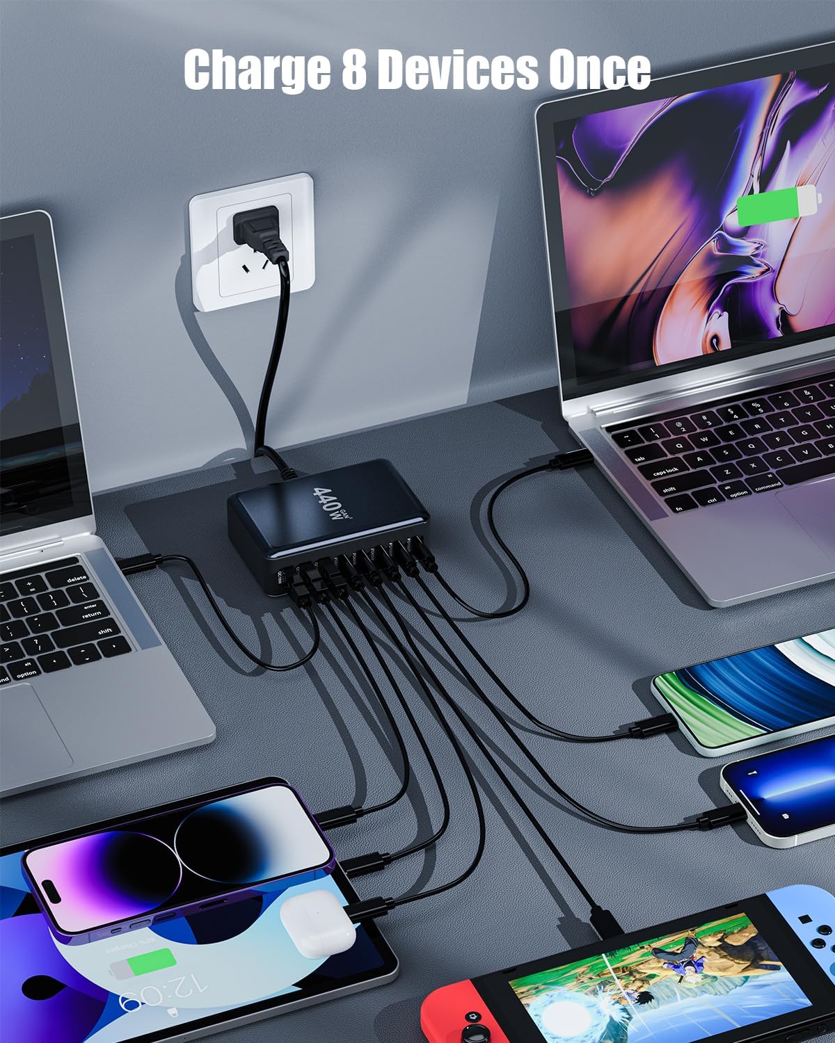 USB C Charger Block 440W Charging Station Hub,8 Port GaN III Fast Charging Brick with 5ft Extension Cord,PD QC PPS 100W Laptop Power Adapter for MacBook Pro/Air,iPhone 16/15,Samsung Galaxy,Dell etc