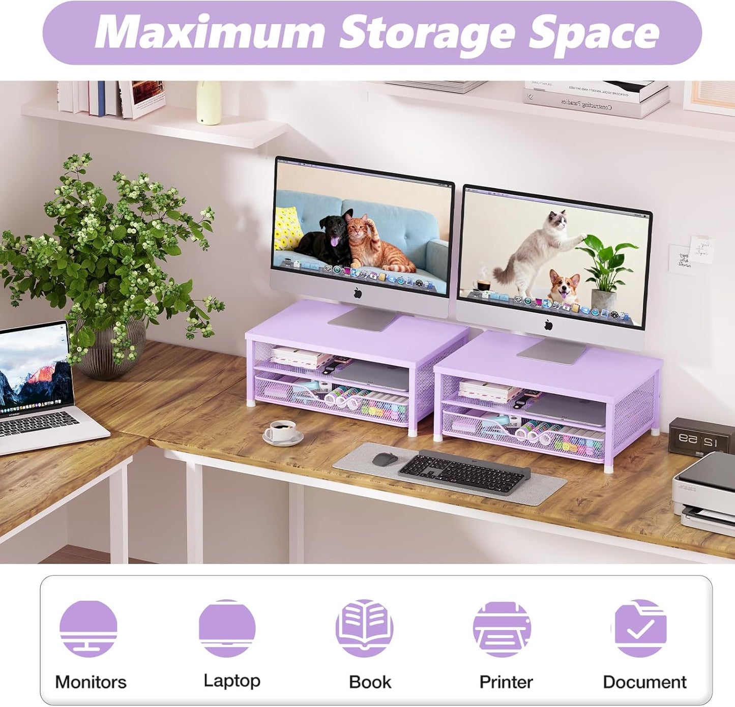 Desk Organizers and Accessories, 2-Tier Computer Monitor Stand Riser with Drawer, Laptop Stand, Office Desk Accessories, Workspace Desktop Organizer for Office Supplies, Purple