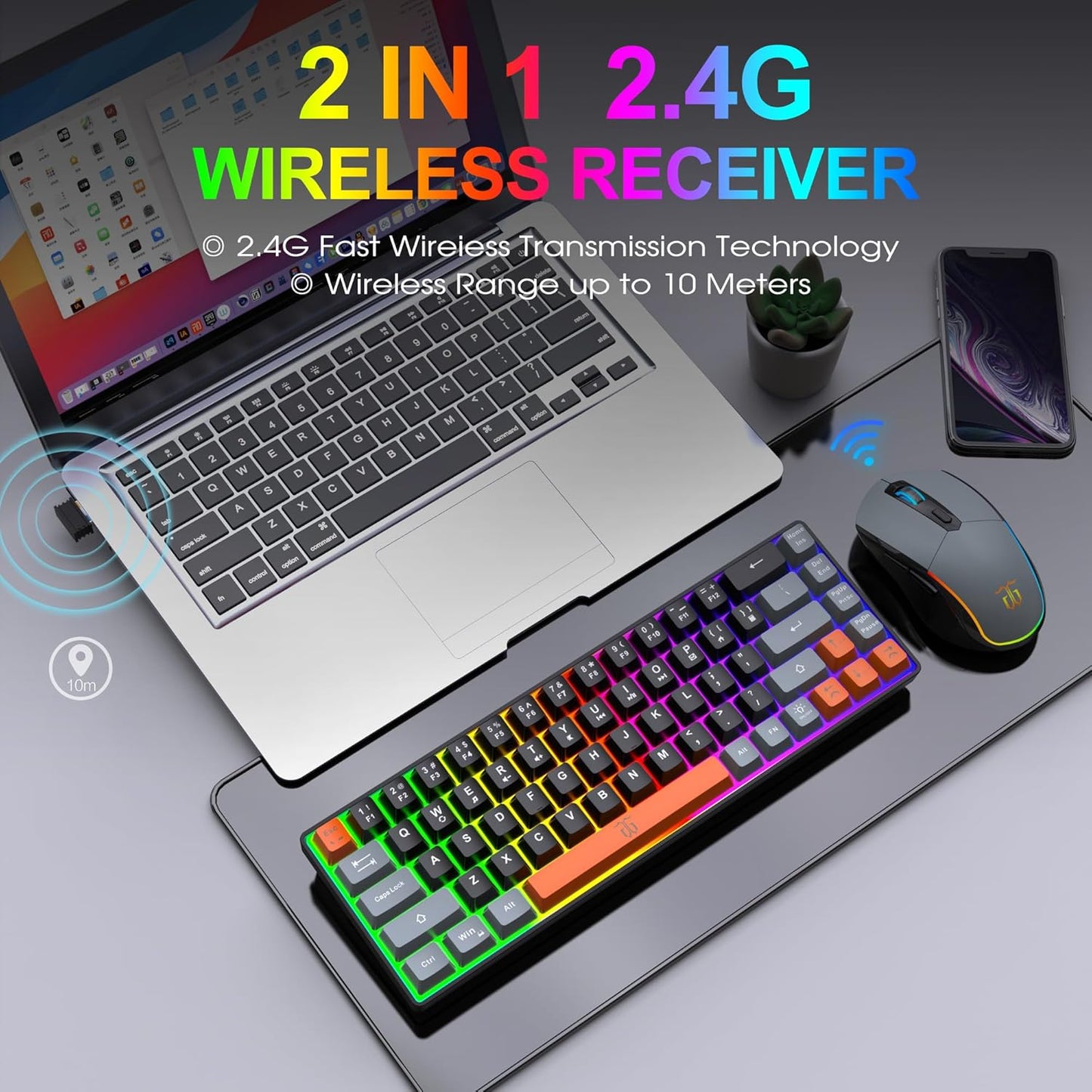 Snpurdiri 60% Wireless Gaming Keyboard and Mouse Combo,Rainbow Backlit Rechargeable 2000mAh Battery,Mini Mechanical Feel Keyboard + Popular RGB Mice for Gaming,Business Office(Gray-Black-Orange)