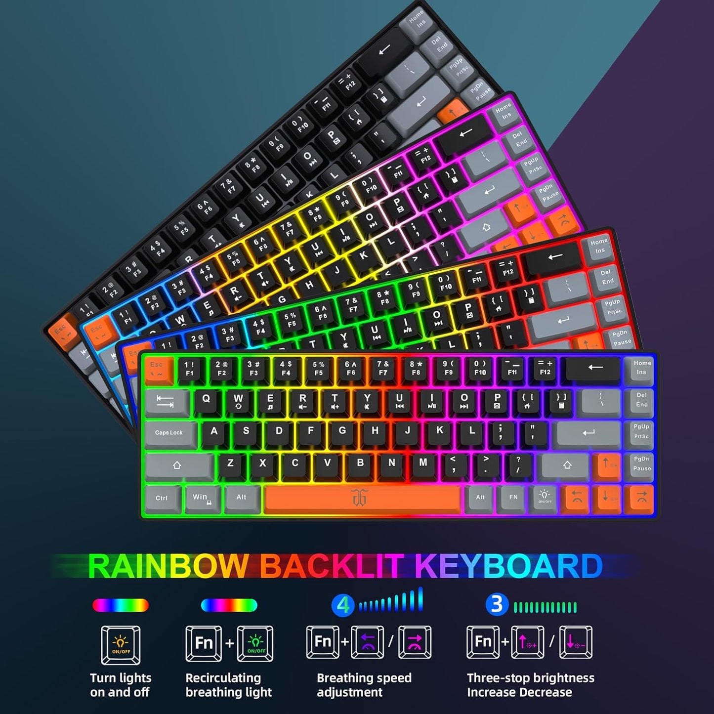 Snpurdiri 60% Wireless Gaming Keyboard and Mouse Combo,Rainbow Backlit Rechargeable 2000mAh Battery,Mini Mechanical Feel Keyboard + Popular RGB Mice for Gaming,Business Office(Gray-Black-Orange)