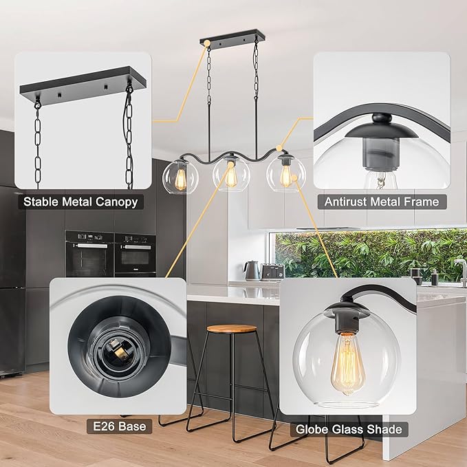 3-Light Black Pendant Light & Semi Flush Mount Ceiling Light, Industrial Farmhouse Linear Chandelier for Kitchen Island, Dining Room, Glass Globe Hanging Fixture