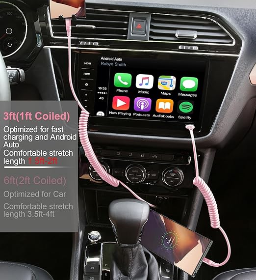 USB C Cable Fast Charging Cable [3FT+6FT], Coiled USBA to USBC Cable for Car, USB C Cord iPhone USB-C Cable Compatible with iPhone 17 16 15 Pro Max,Samsung Galaxy S10 S9 and More-Pink