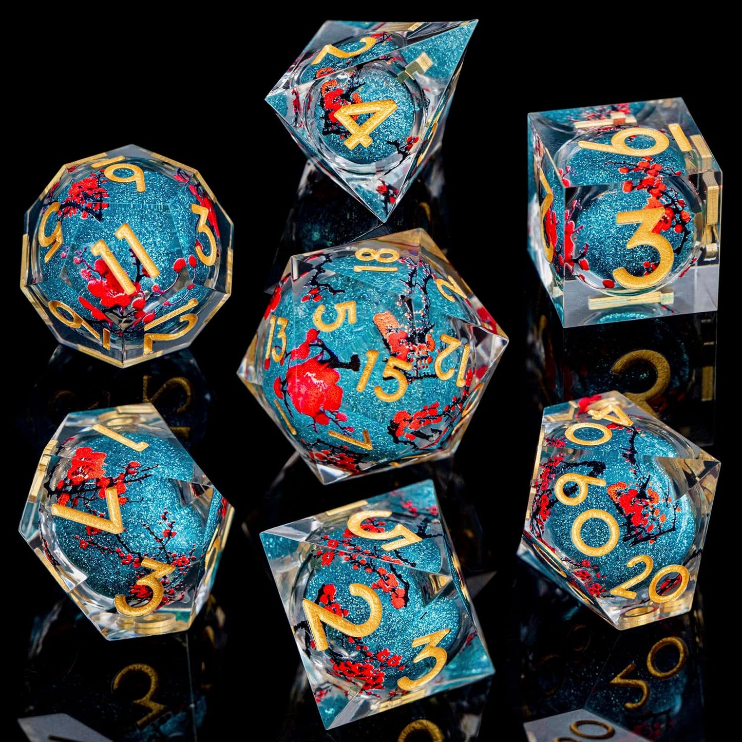 ARUOHHA DND Resin Dice Plum Blossom Liquid Core Dice Golden Blue Sharp Edged Polyhedral Dragons Dice Set with Gift Box, Dungeons D and D Dice Role Playing Game D20 D12 D10 D8 D6 D4