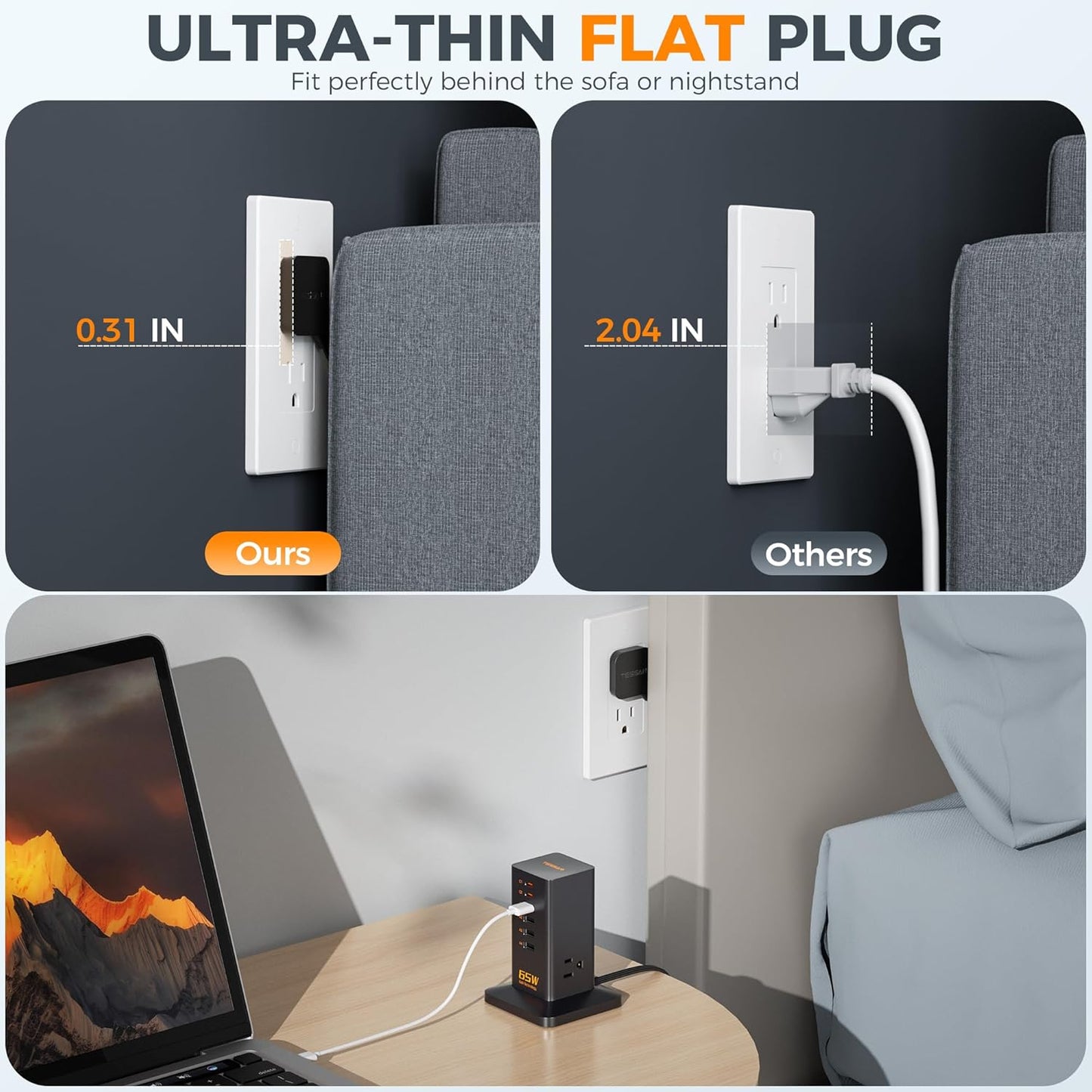 USB Charging Station for Multiple Devices 10Ft Cord, TESSAN 9-in-1 USB C Charger Block PD 65W for iPhone 16/15, MacBook, Tablet, Type C Desktop Charger with 3 AC, Home Travel Office Accessories