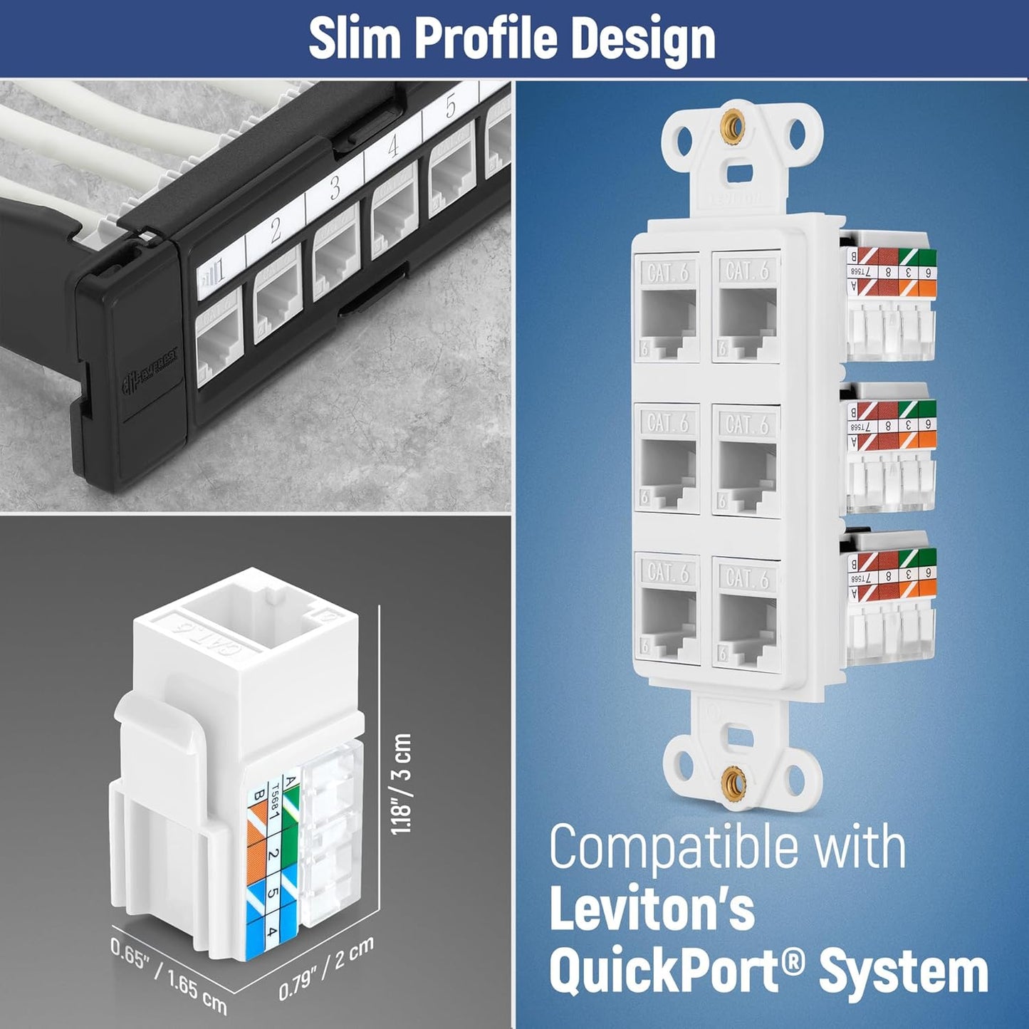 Everest 90° Angled RJ45 Cat6 Keystone Jacks 20-Pack in White - Slim Profile Female RJ45 Connectors - Cat 6 Keystone Jack - Compatible with 90° Angled Speed Termination Tool - easyJACK (B094WB91H3)