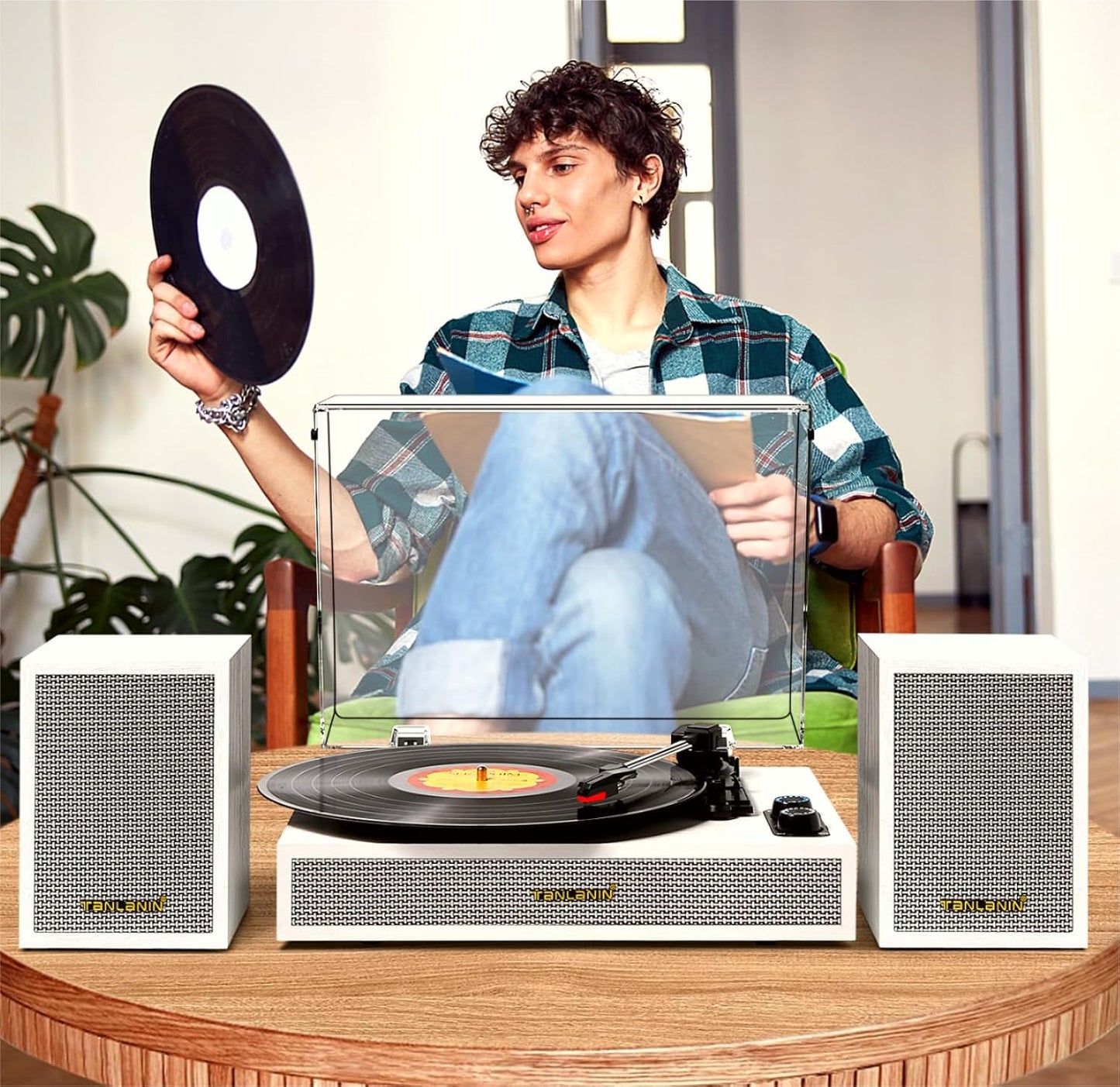 Vinyl Record Player with External Speakers, 3 Speed Vintage Belt Drive Turntable Record Player with Stereo Speakers RCA Audio Out and Aux-in, White Wood