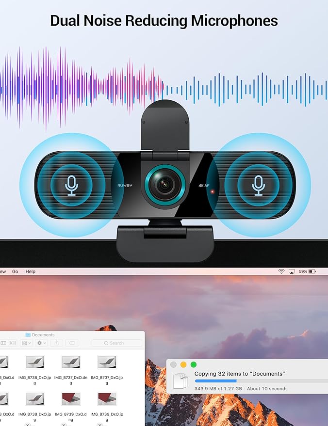 RUWBY UHD 4K Webcam with Built-in Dual Mics, Wide-Angle Lens, Privacy Cover, Tripod Stand, Autofocus PC Camera, Plug and Play for Desktop Computer or Laptop