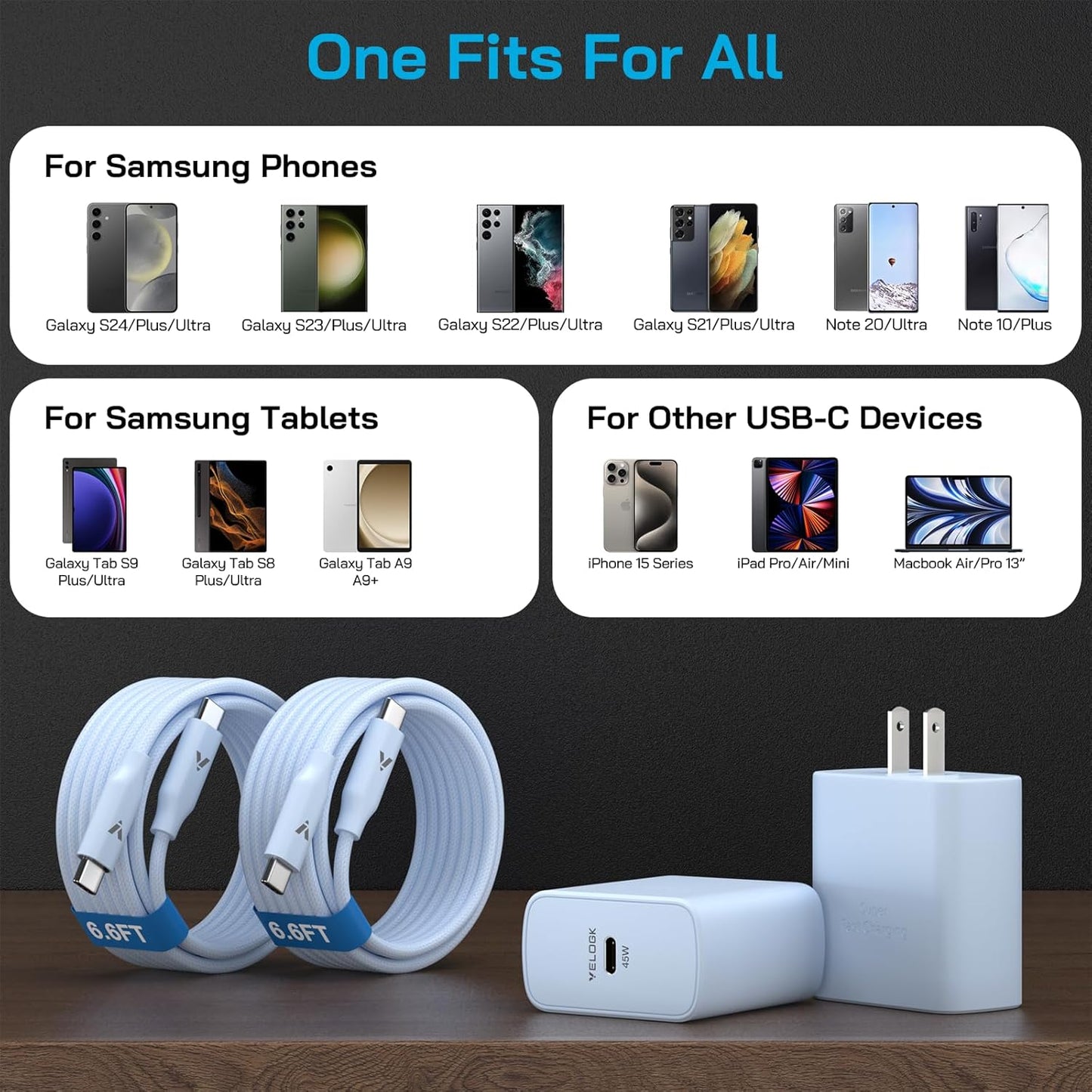 45W Super Fast Charger USB C, 45 Watt Type-C Android Phone Charger Fast Charging Block with 6.6FT Type C Cords for Samsung Galaxy S25 Ultra/S24 Ultra/S24+/S23 Ultra/S22 Plus/S20, Tab S9/S8 Ultra(Blue)