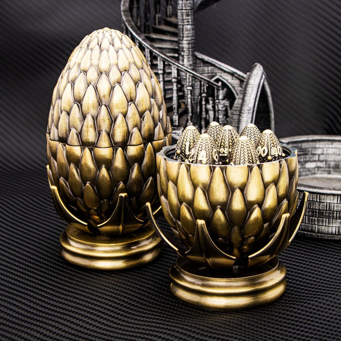 ARUOHHA DND Metal Dice Bronze Dragon Egg Dice with Rotating Dragon Egg Shell, Role Playing Game RPG Polyhedral D and D Dice Set D20 D12 D10 D8 D6 D4