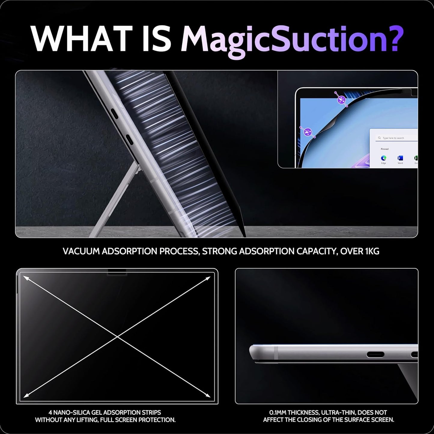 Privacy Screen for 12.3 Inch Surface Pro 7+/7/6/5/4/3, MagicSuction™ Removable Anti Spy Black Protector, Glare Blue Light Filter for Microsoft Laptop Computer Monitor