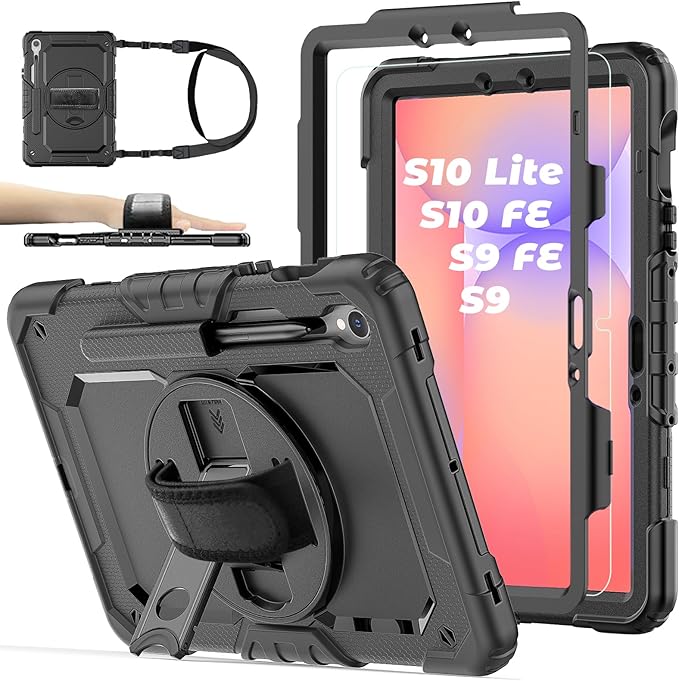 Case for Samsung Galaxy Tab S10 Lite/ S10 FE / S9 FE 10.9 Inch / S9 11'' 5G Protective with Screen Protector/Pen Holder/Hand Strap, Heavy Duty Shockproof Tablet Cover for S10 Lite, Black