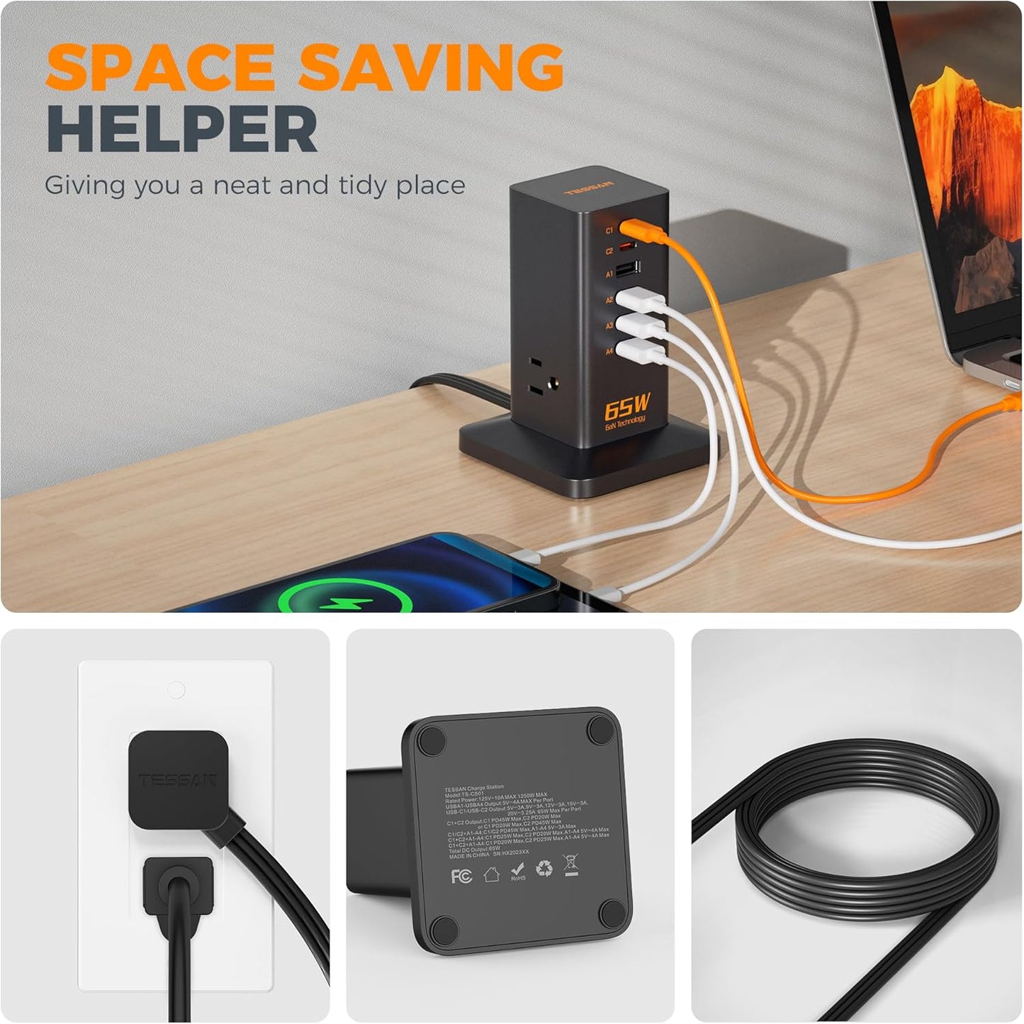 USB Charging Station for Multiple Devices PD 65W, TESSAN 9-in-1 USB C Charger Block for iPhone 16/15, MacBook, Tablet, Type C Desktop Charger with 3 AC, Home Travel Office Accessories