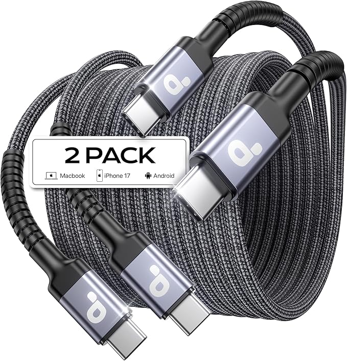Extra Long USB C to C Cable 15FT, 100W USB C Cable Fast Charging, Upgraded Extra Durable Braided USB C Cord for iPhone 17 16 15 Pro Max, MacBook Pro, Samsung Galaxy S10 S9 Plus, LG and More-2Pack