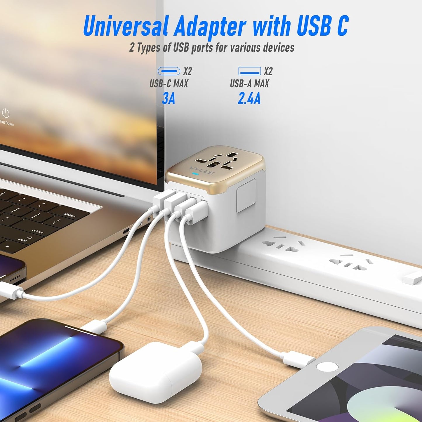 Universal International Power Travel Plug Adapter, 5 in 1 European Travel Plug Adapter W/ 3.5A 2xUSB-A and 2xUSB C Wall Charger and Worldwide AC Outlet for Europe USA UK AUS Asia (White Gold)