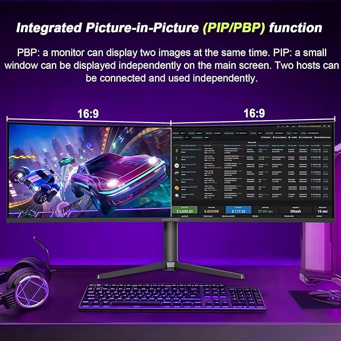 Amzfast 49 Inch Curved Monitor 120Hz DQHD 5120x1440p Ultrawide Gaming Monitor, 120% sRGB, 1500R, 1ms MPRT, HDR10, Adaptive Sync, PIP/PBP, Height Adjustable, HDMI 2.0/DP 1.4, VESA 75x75, AMZG49C7U