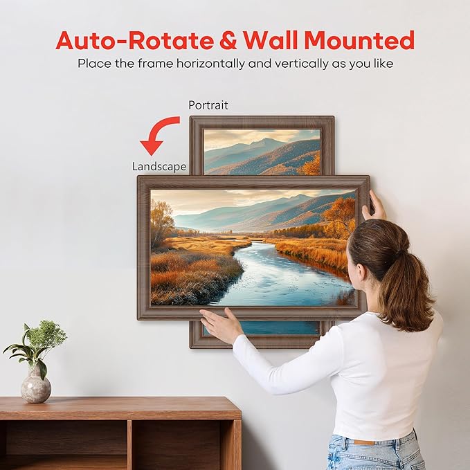 64GB 15.6" Frameo Digital Picture Frame WiFi, Large Electronic Photo Frames Wood 1920 x 1080 IPS FHD Touch Screen, Send Photos from Your Phone from Anywhere, Best Gifts for Family and Friends