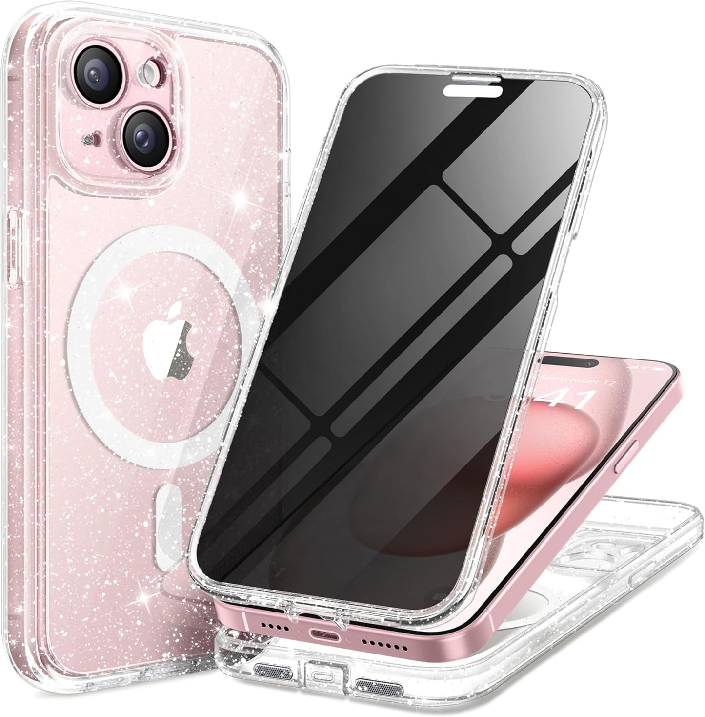 Magnetic for iPhone 15 Case, Compatible with MagSafe, Built-in Privacy Screen Protector and Camera Protection, Anti Spy Full Body Dustproof Shockproof Hard Phone Case 6.1", Shiny Clear