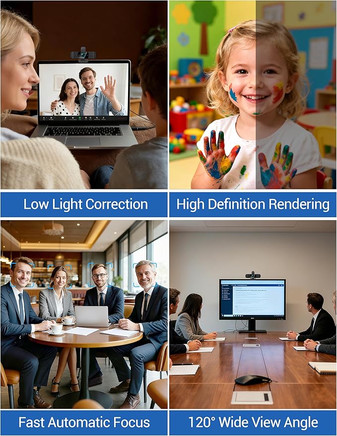 RUWBY UHD 4K Webcam with Built-in Dual Mics, Wide-Angle Lens, Privacy Cover, Tripod Stand, Autofocus PC Camera, Plug and Play for Desktop Computer or Laptop