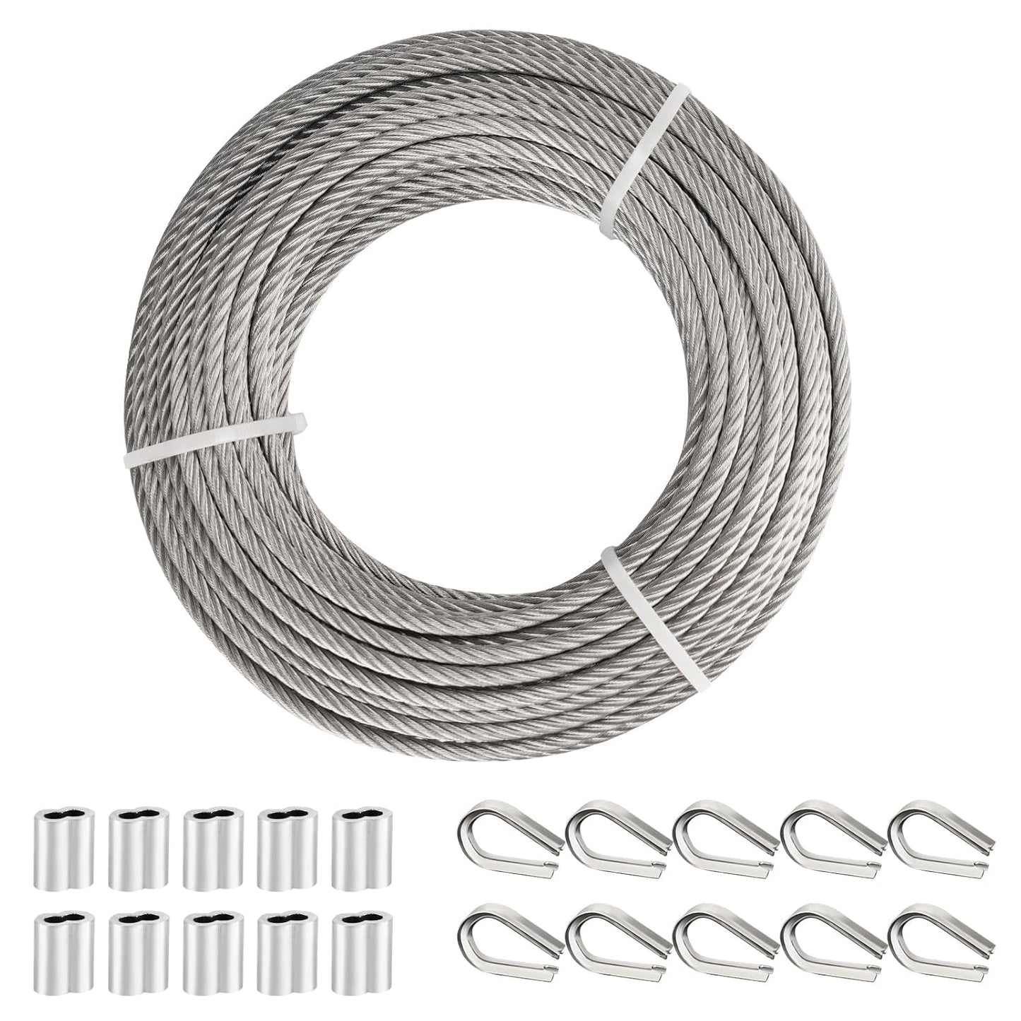 TooTaci 3/16" Stainless Steel Cable, 50ft Wire Rope with Aluminum Crimping Sleeve&Thimbles, 7x19 Strands, 3700lbs Breaking Strength Heavy Duty Aircraft Cable for Zipline, Deck Railing, Shade Sail