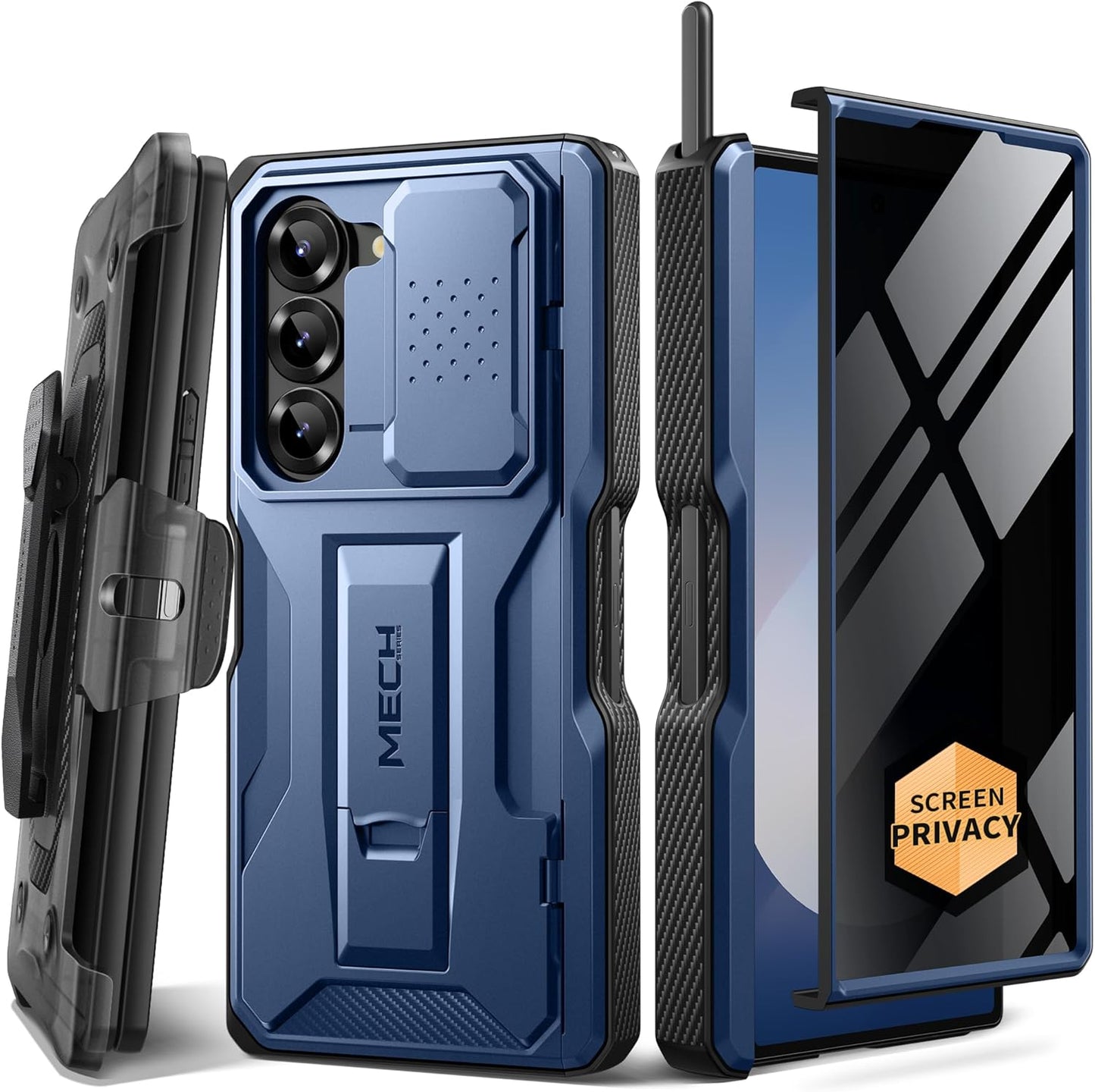 TONGATE for Z Fold 6 Case, [with S Pen Slot & Hinge Protection] [Privacy Glass Screen Protector] Full-Body Military Drop Phone Case for Samsung Galaxy Z Fold 6 with Kickstand & Belt Clip, Blue Privacy